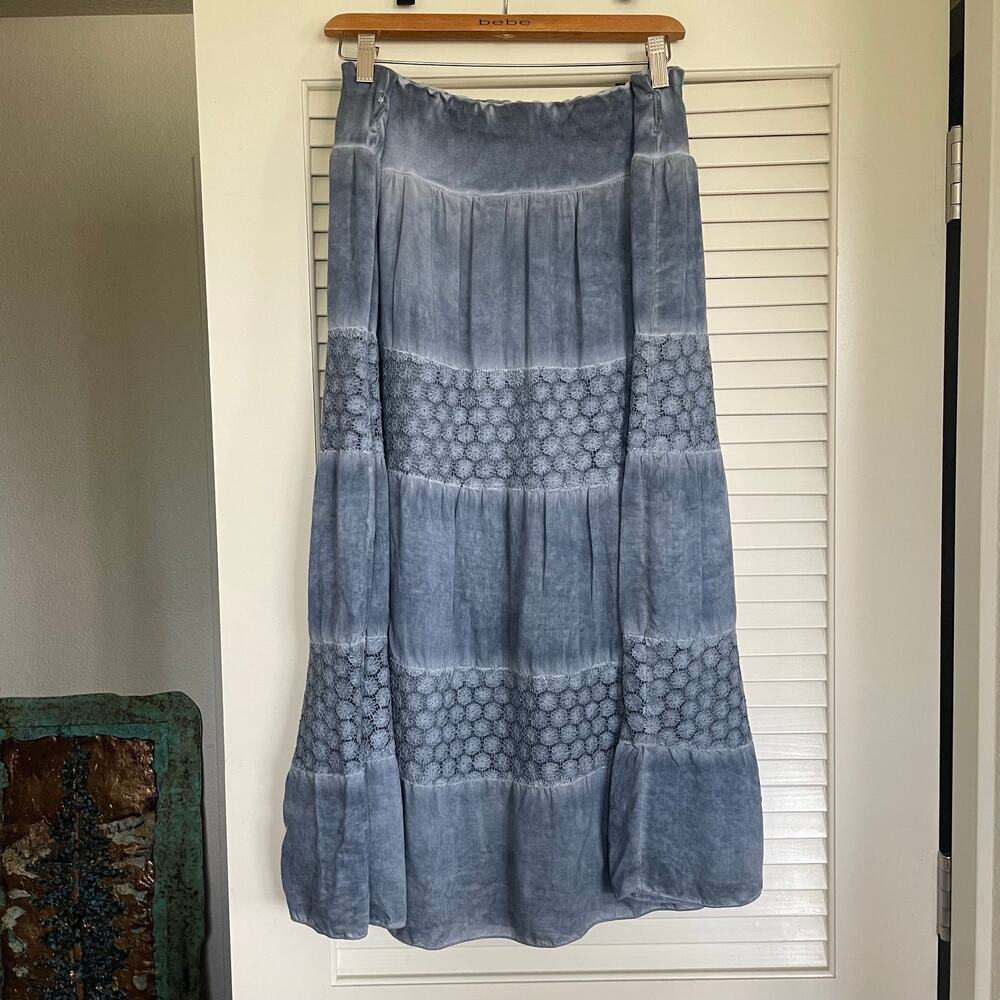 Vintage Tantrums Slate Blue Crochet Lace Tiered Cotton Maxi Skirt L Boho Prairie - Picture 2 of 6